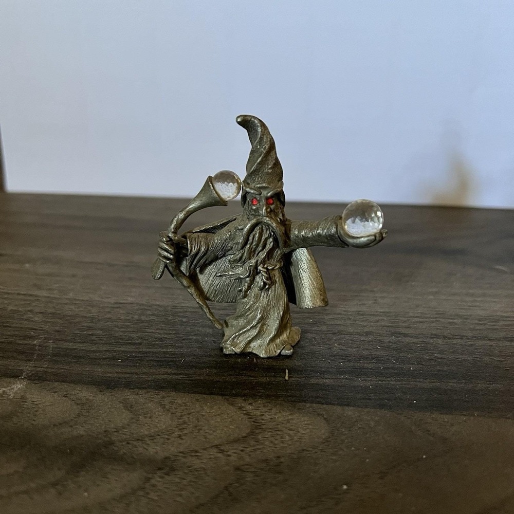 Vintage‎ Pewter Wizard Figurine Red Eyes Crystal Orbs Staff Fantasy Sorcerer D&D